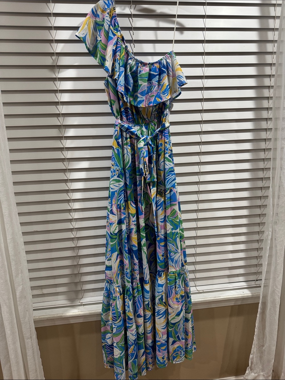 Flying Tomato One-Shoulder Floral Maxi Dress in Blue, Green & Pink